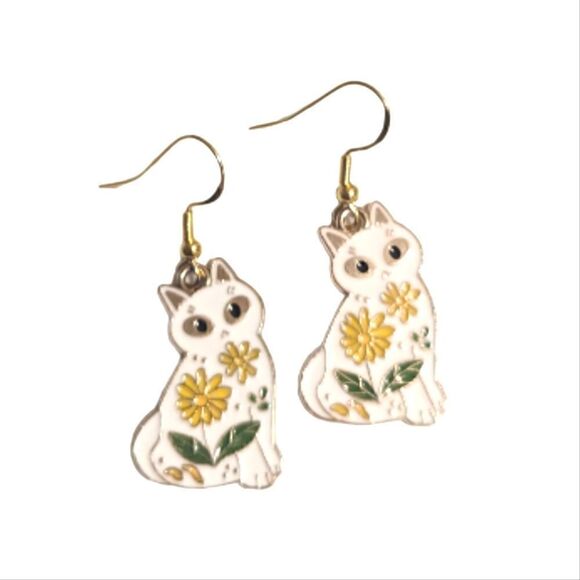 Cat and Flower Design Earrings - Picture 1 of 5